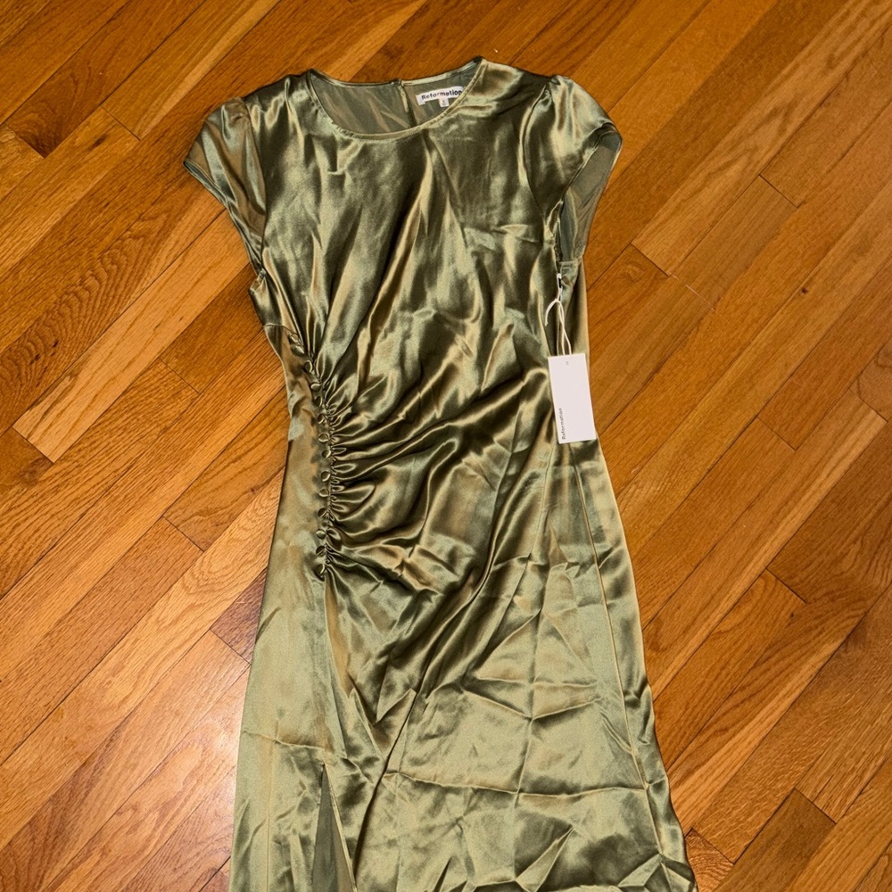 Reformation Olive Satin Midi Dress